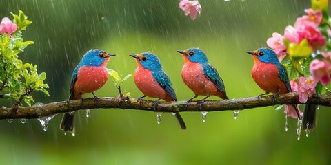 Stunning nightingales on a rain-drenched flowering branch, creating a peaceful and artistic atmosphere. Perfect for music covers and digital art.