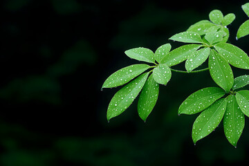 Lush green leaves with water droplets against a dark background