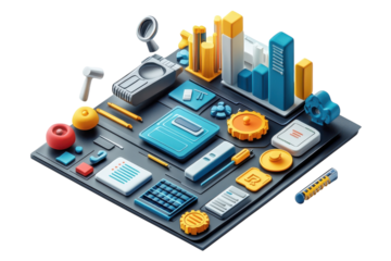 A vibrant digital landscape showcasing data analysis tools and futuristic technology with isometric 3D design and bold color palettes.