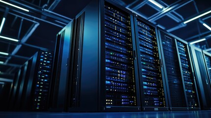 Modern data center with illuminated server racks, glowing network indicators, and a spacious, high-tech environment. Suitable for cloud solutions, IT security, and tech infrastructure themes