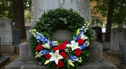 Memorial Wreath with Red, White, and Blue Flowers Against a Stone Monument