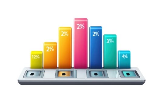 A vibrant data visualization showcasing market share percentages, displaying a dynamic upward trend then a slight decline, using a sleek, modern bar graph design with colorful blocks.