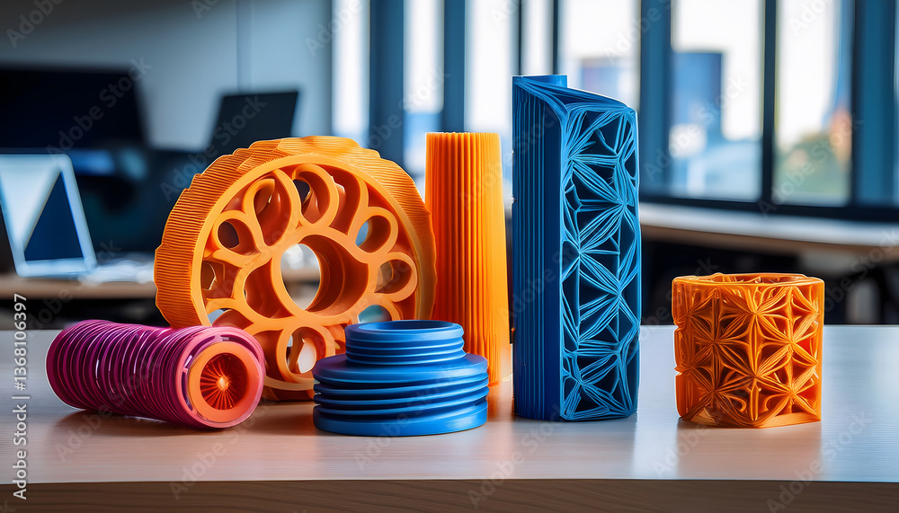 Poster colorful 3d printed geometric shapes on a table in a modern workspace