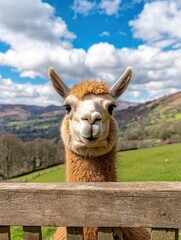 Obraz premium A friendly llama looks curiously over a wooden fence, set against a picturesque landscape of rolling hills and blue skies.