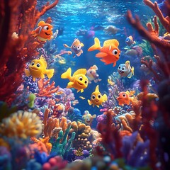 Obraz premium A vibrant underwater coral reef with talking fish and animated coral, each sea creature and coral displaying personality in a lively, whimsical marine environment