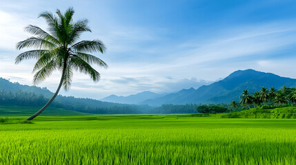 Lush green rice paddy with a leaning palm tree and misty mountains in the background under a vibrant sky
