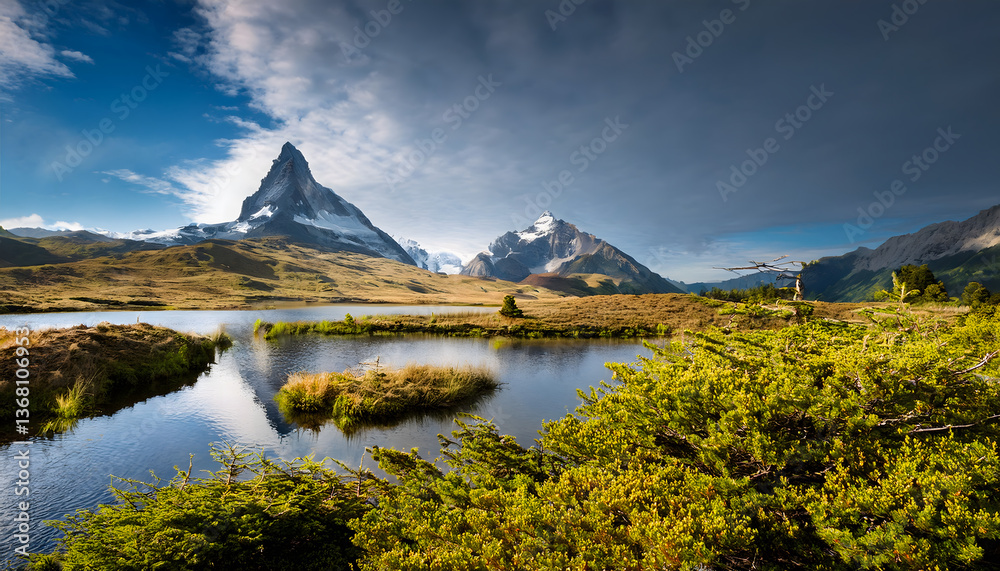 Poster scenic mountain landscape with a reflective lake and lush greenery