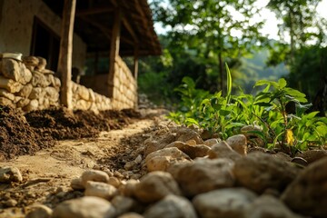 Fototapeta premium Rural home sits on stone path amidst lush trees, sunlit foliage, and earthen construction