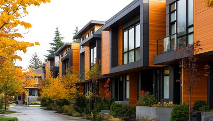 Modern homes line a street. Autumn leaves provide color and curb appeal. Clean, angular design
