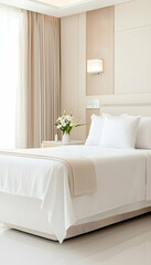 Luxurious hotel bedroom with crisp white bedding, neutral decor, and natural light