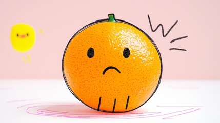 Cartoon Orange with Sad Face on Pink Background and Happy Character