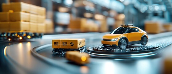 Automated high-volume cargo processing facility with advanced warehouse technology and equipment, optimizing logistics, distribution, and supply chain for efficient, organized.