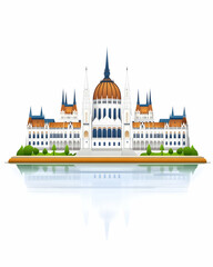 Majestic European palace reflected in calm water, iconic architecture