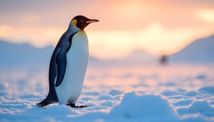 Fototapeta premium Emperor Penguin Standing in Snowy Landscape at Sunset