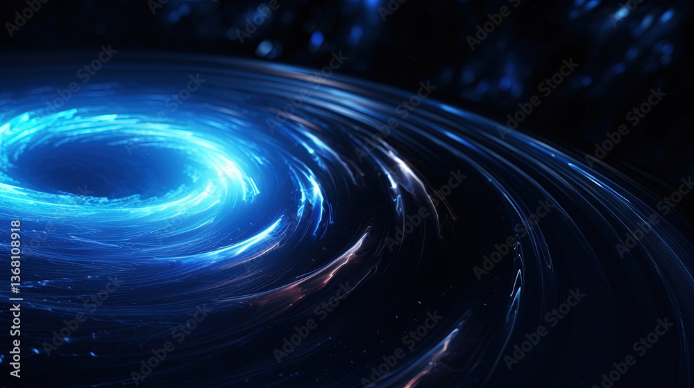 Poster glowing blue energy vortex with swirling lightning effects on a dark background