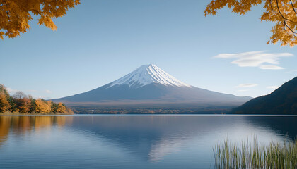 Majestic snow-capped mountain reflected in calm autumnal lake, framed by golden foliage