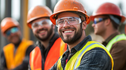 Smiling construction worker in safety gear with colleagues on a construction site outdoors