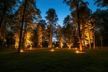 Obraz premium Evening in a forest meadow, with up-lighting trees and illuminated ground lights