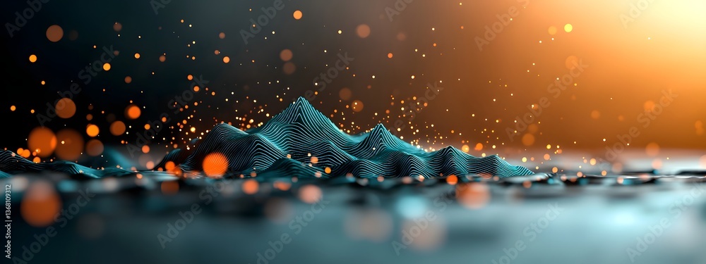 Poster cascading azure digital ripples and glowing geometric patterns across a dark and light toned surface