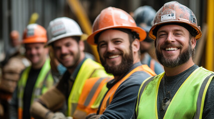 A group of smiling construction workers wearing hard hats and safety vests posing for a team portrait