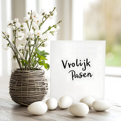 vrolijk pasen! simple greetings message design with white blooming flowers in rustic vase, bunch of easter eggs; springtime season visible through window; interior shot