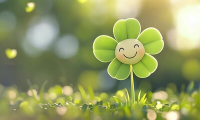 Cute cartoon clover flower with a bright smile on a clean background
