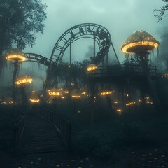 Obraz premium Abandoned Theme Park Reclaimed by Nature with Roller Coasters and Glowing Mushrooms