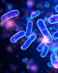 Microscopic view of glowing blue rod-shaped bacteria in a dark, sparkling background