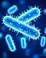 Fototapeta premium Microscopic view of two rod-shaped bacteria with pili, surrounded by others, in a dark blue background