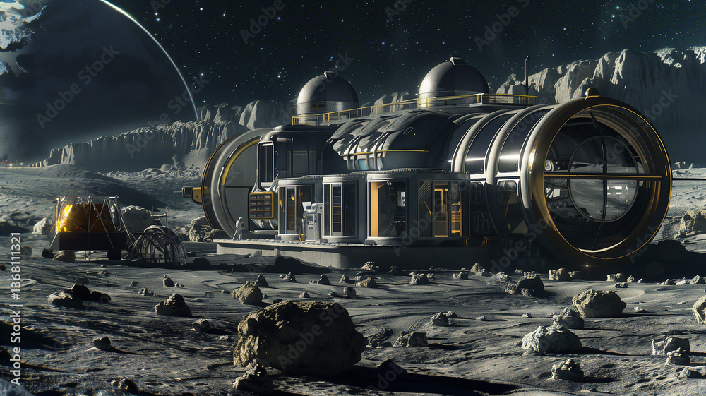 Poster this sophisticated base is engaged in asteroid excavation, processing regolith, and refining resourc
