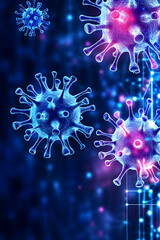 Microscopic view of viruses, glowing in blue and pink hues against a digital backdrop