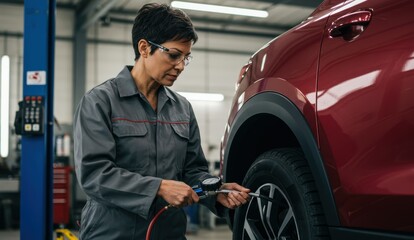 Middle-Eastern woman mechanic examines car tire at auto repair shop, showcasing empowerment and diversity in trades.