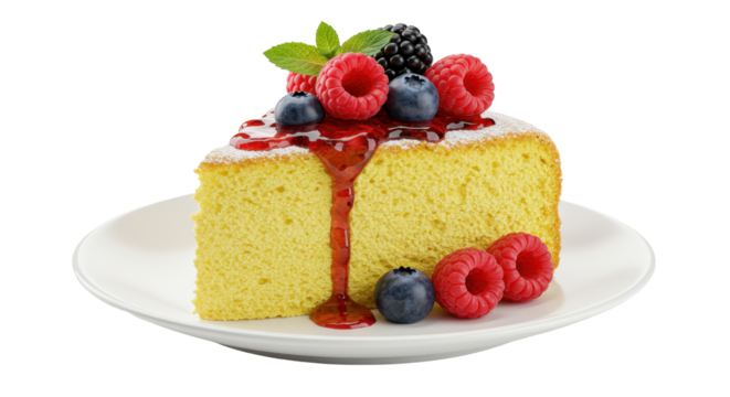 Isolated Slice of Cake with Berries and Jam
