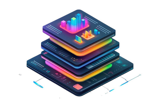 Layered data visualization showcasing vibrant insights and powerful analytics with isometric design and neon color accents.