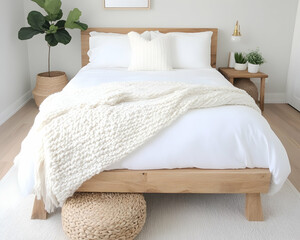 Minimalist bedroom with light wood bed, white bedding, and textured throw