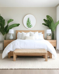 Minimalist bedroom with light wood furniture, white bedding, and tropical plants