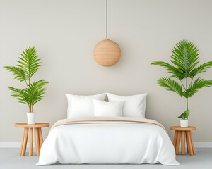 Minimalist bedroom with white bedding, wooden side tables, and potted plants