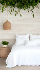Minimalist bedroom with white bedding, woven lamp, and greenery