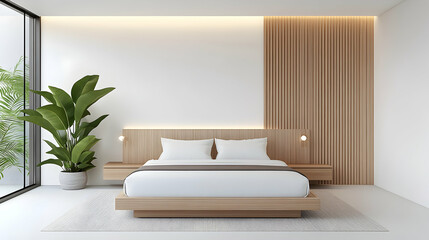 Minimalist bedroom with wood accents, large window, and potted plant