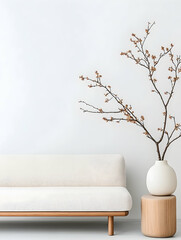 Minimalist beige sofa with dried floral arrangement in a white vase on wooden pedestal against a white wall
