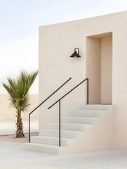 Minimalist beige building exterior with stairs, palm tree, and wall lamp