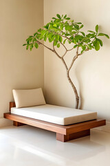 Minimalist daybed with plant in corner