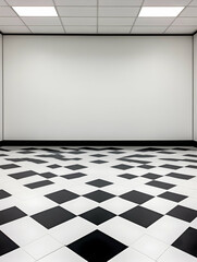 Minimalist empty room with black and white checkered floor and blank wall