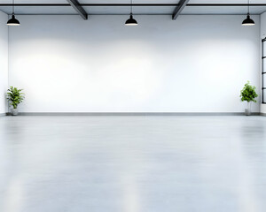 Minimalist empty room with polished floor, large wall, industrial ceiling, and potted plants