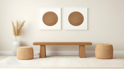Minimalist entryway with wooden bench, woven stools, pampas grass, and abstract art