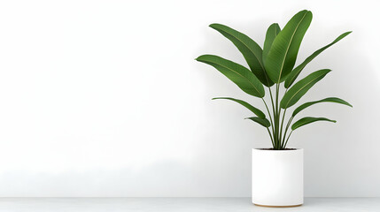 Minimalist indoor plant in white pot against white wall