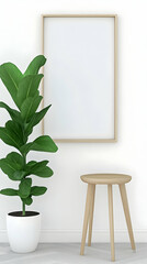 Minimalist interior scene with blank frame, plant, and stool