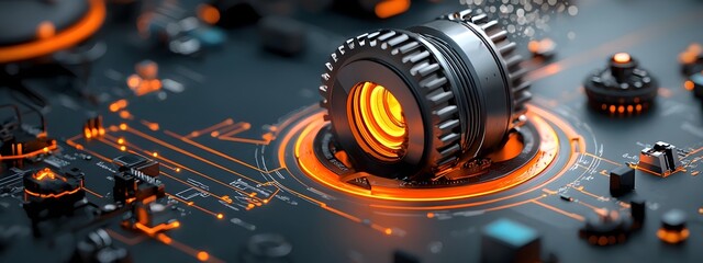 Obraz premium Detailed schematics and technical diagrams showcasing the intricate design of a high power optical amplifier featuring complex electronic components glowing energy fields and luminous waveforms
