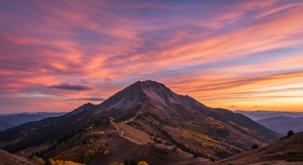 Fototapeta premium Majestic mountain glows vividly under sunset hues. AI Generated