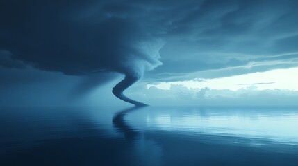 A large tornado touching down in the calm ocean waters